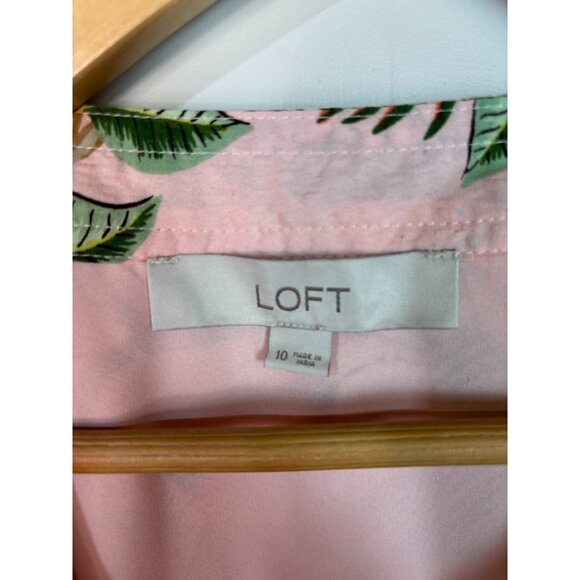 LOFT Midi Shirt Dress 10 Peach Pink Tropical Floral Button-Through Belted - Picture 9 of 10